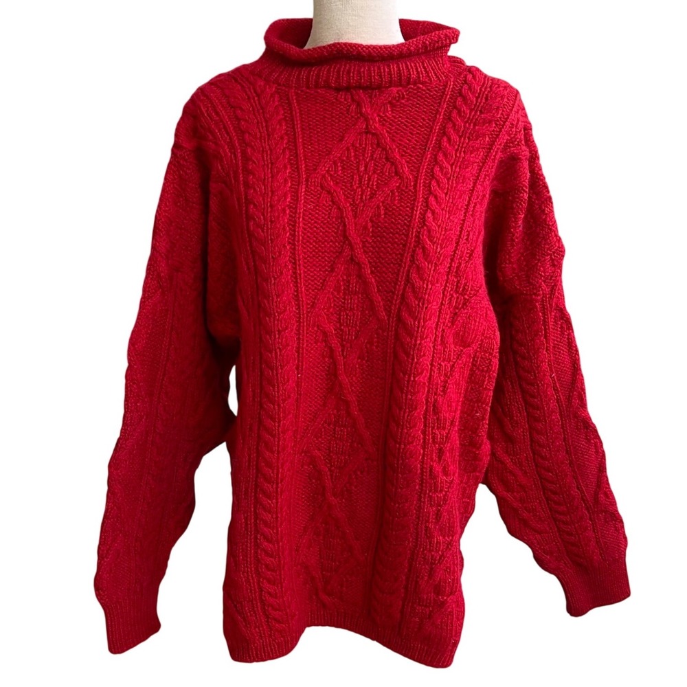 Irish Homecraft Red 100% Oiled Wool Cable Knit Fisherman Sweater Ireland Large